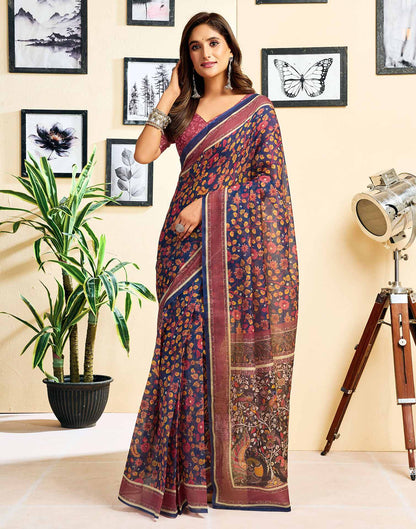 Ready To Wear Navy Blue Chanderi Cotton Printed Saree