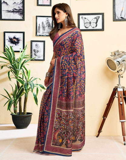Ready To Wear Navy Blue Chanderi Cotton Printed Saree