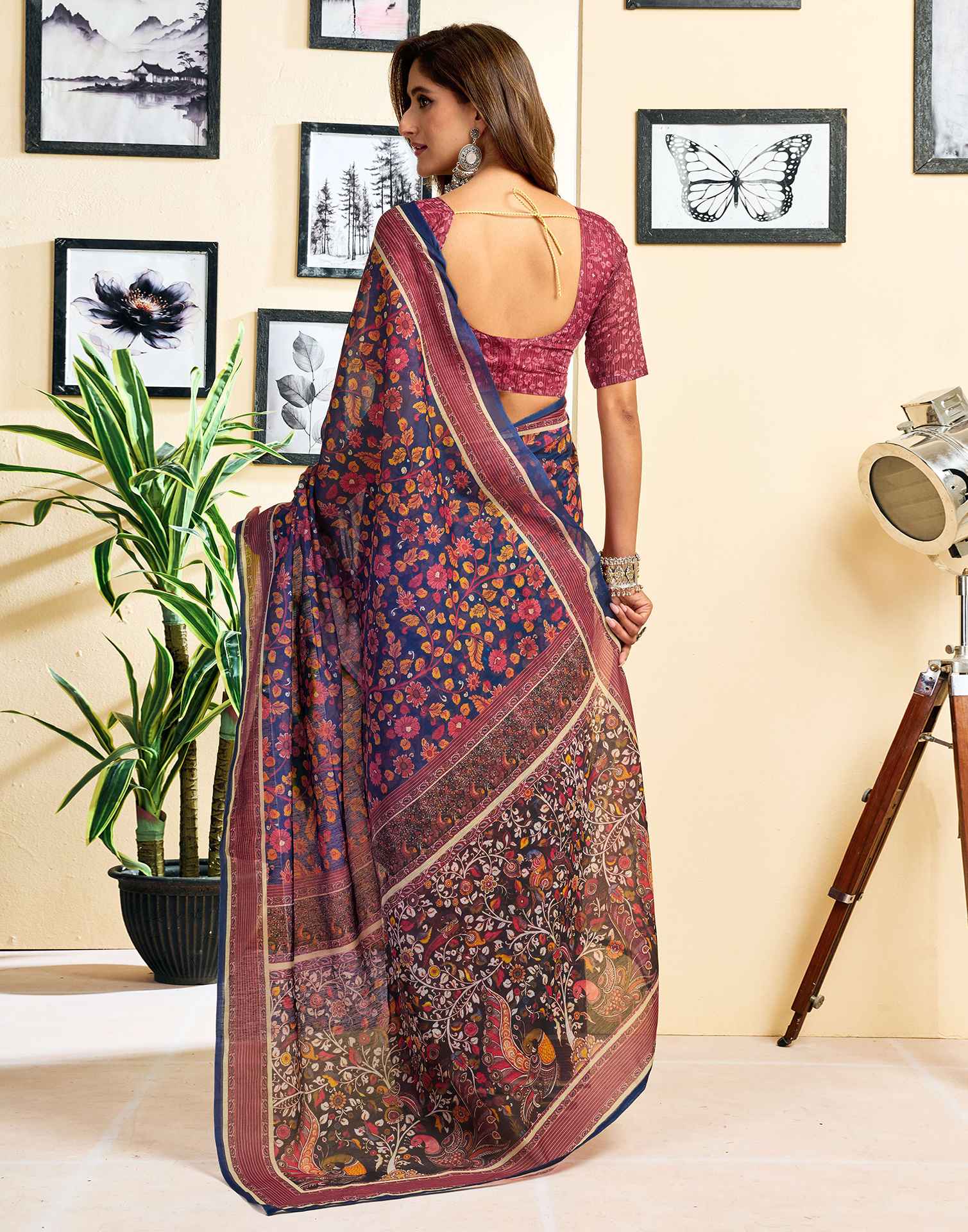 Ready To Wear Navy Blue Chanderi Cotton Printed Saree
