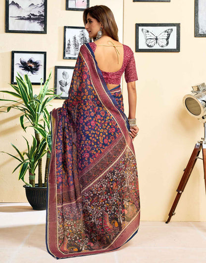 Ready To Wear Navy Blue Chanderi Cotton Printed Saree
