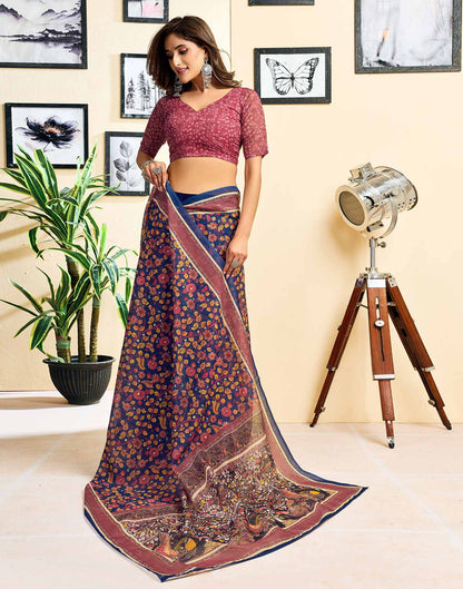 Ready To Wear Navy Blue Chanderi Cotton Printed Saree