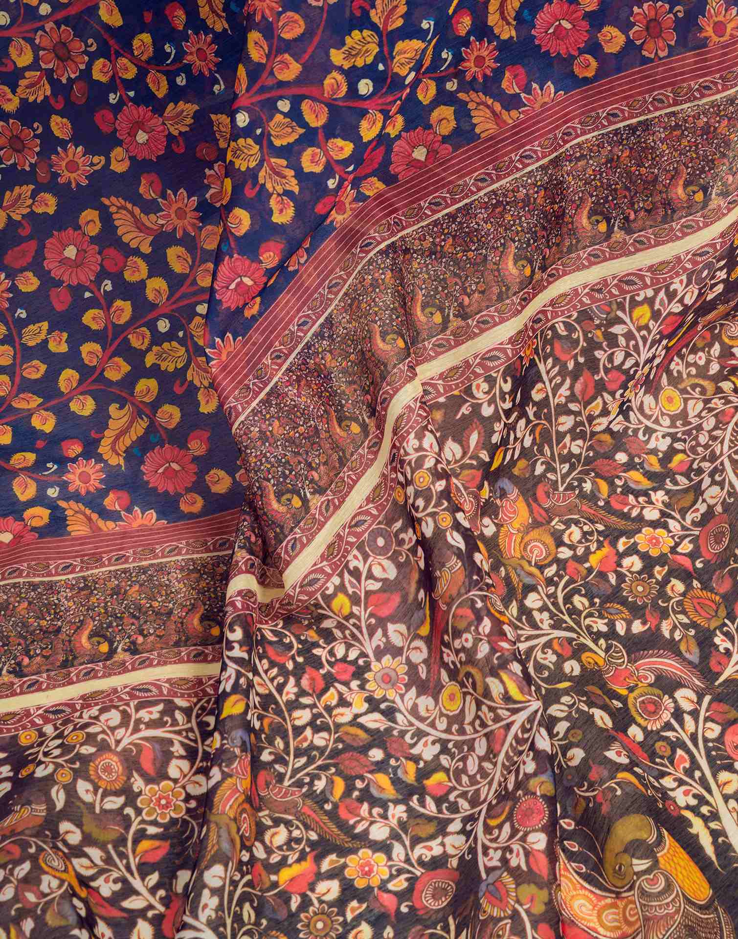 Ready To Wear Navy Blue Chanderi Cotton Printed Saree