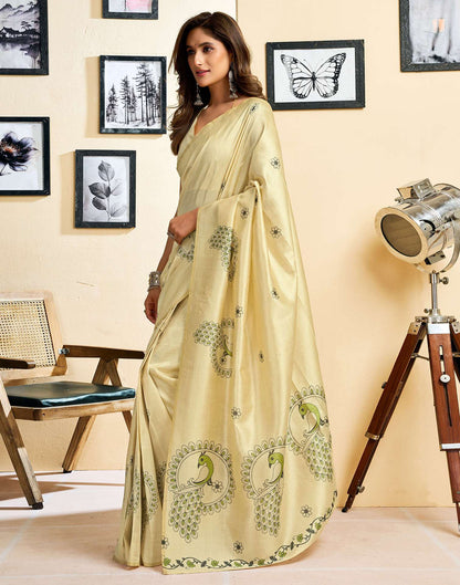 Ready To Wear Beige Chanderi Cotton Printed Saree