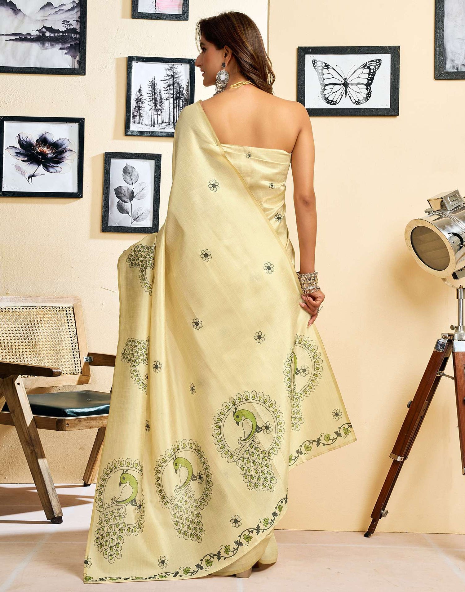 Ready To Wear Beige Chanderi Cotton Printed Saree
