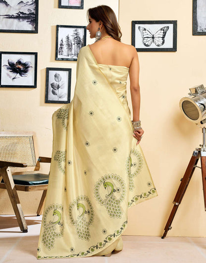 Ready To Wear Beige Chanderi Cotton Printed Saree