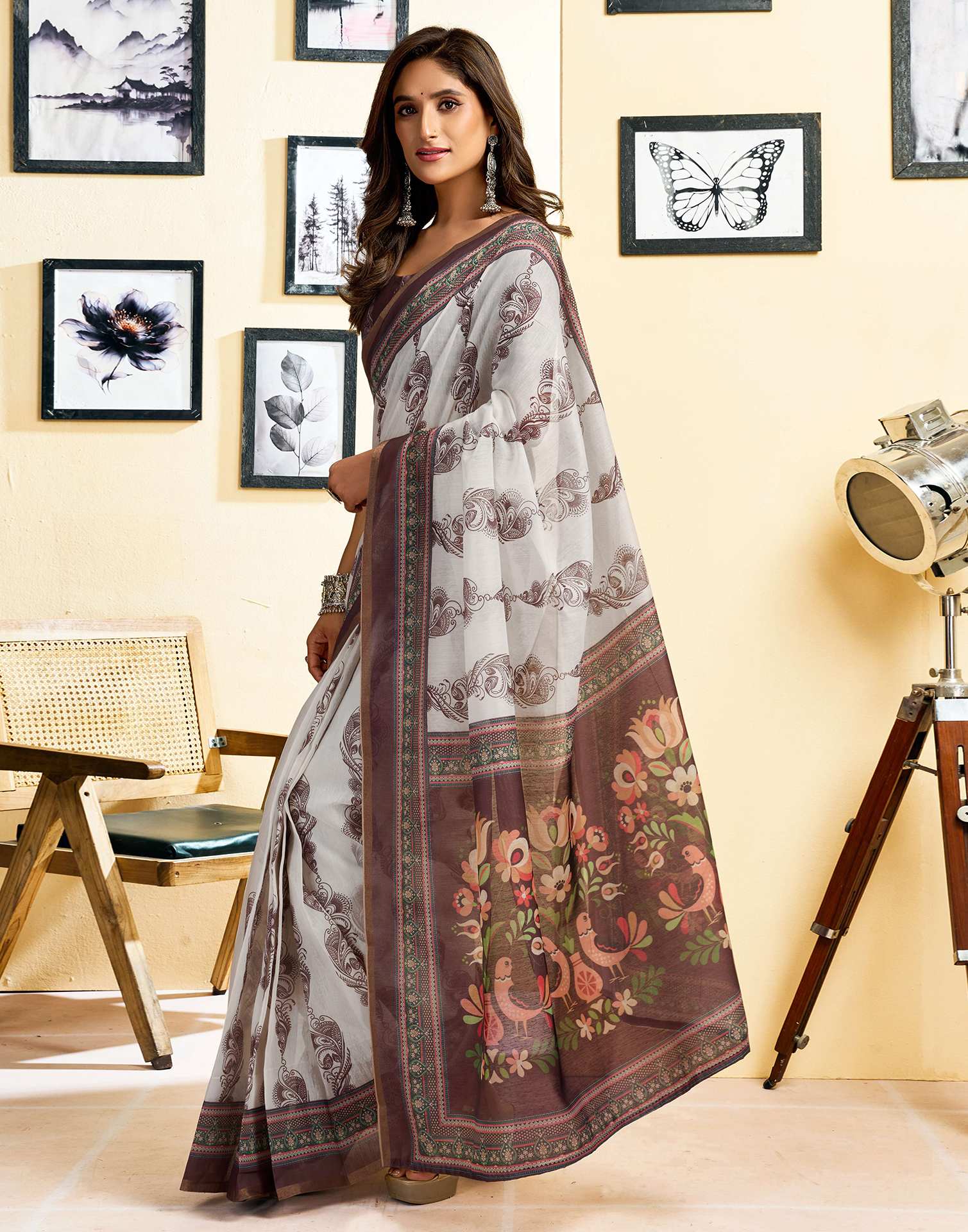 Ready To Wear Off White Chanderi Cotton Printed Saree