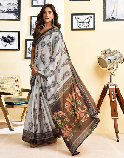 Ready To Wear Off White Chanderi Cotton Printed Saree