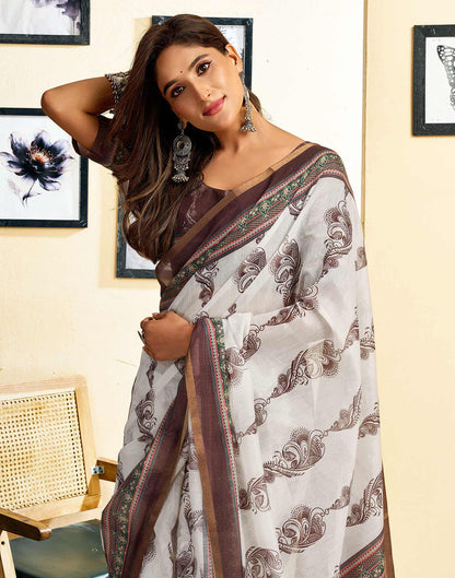 Ready To Wear Off White Chanderi Cotton Printed Saree