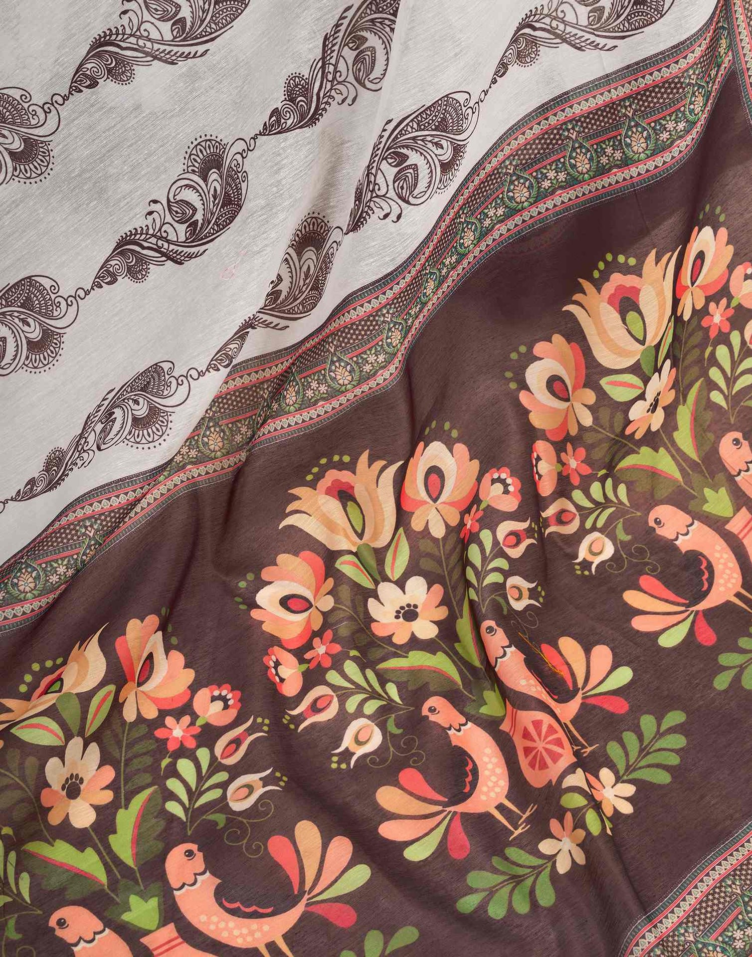 Ready To Wear Off White Chanderi Cotton Printed Saree