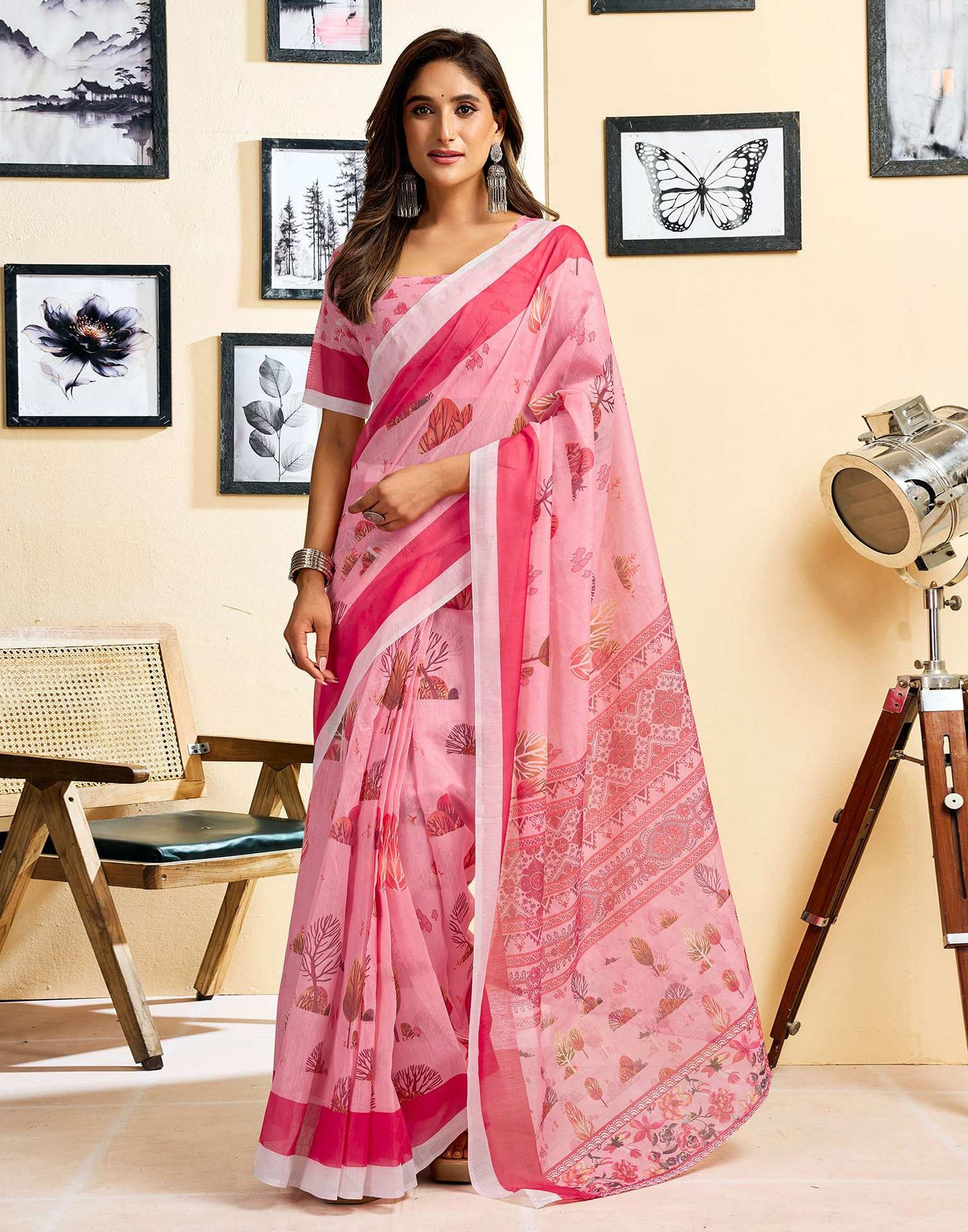 Ready To Wear Light Pink Chanderi Cotton Printed Saree