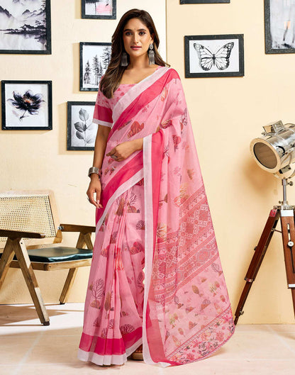 Ready To Wear Light Pink Chanderi Cotton Printed Saree