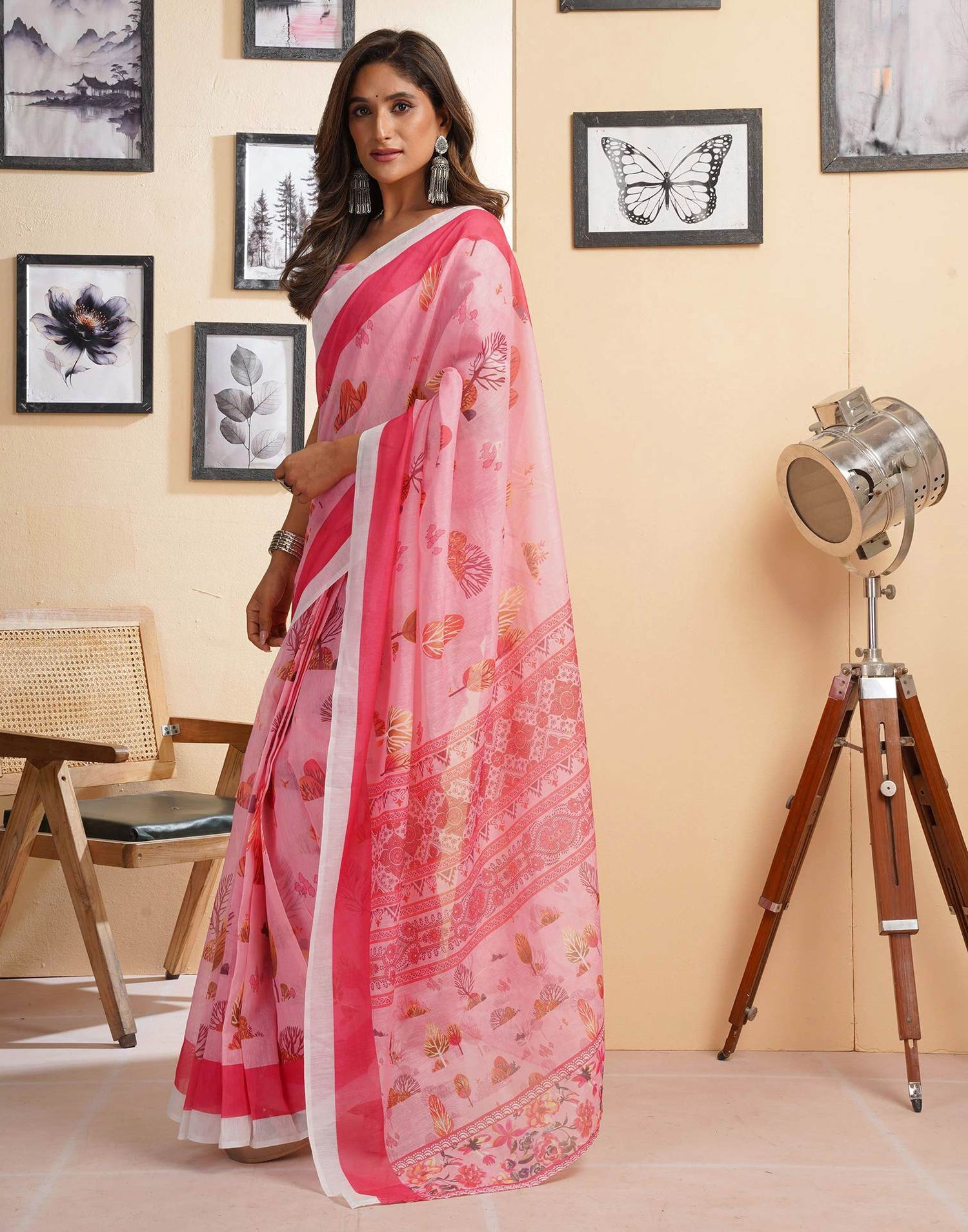 Ready To Wear Light Pink Chanderi Cotton Printed Saree