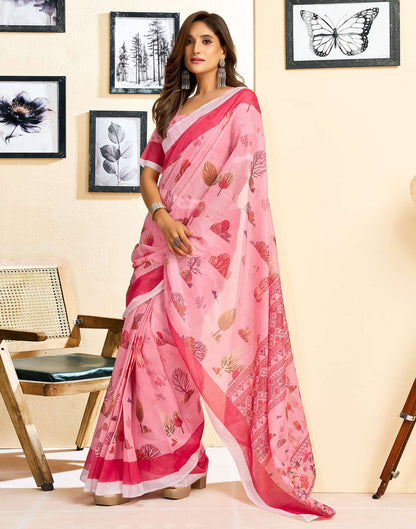Ready To Wear Light Pink Chanderi Cotton Printed Saree