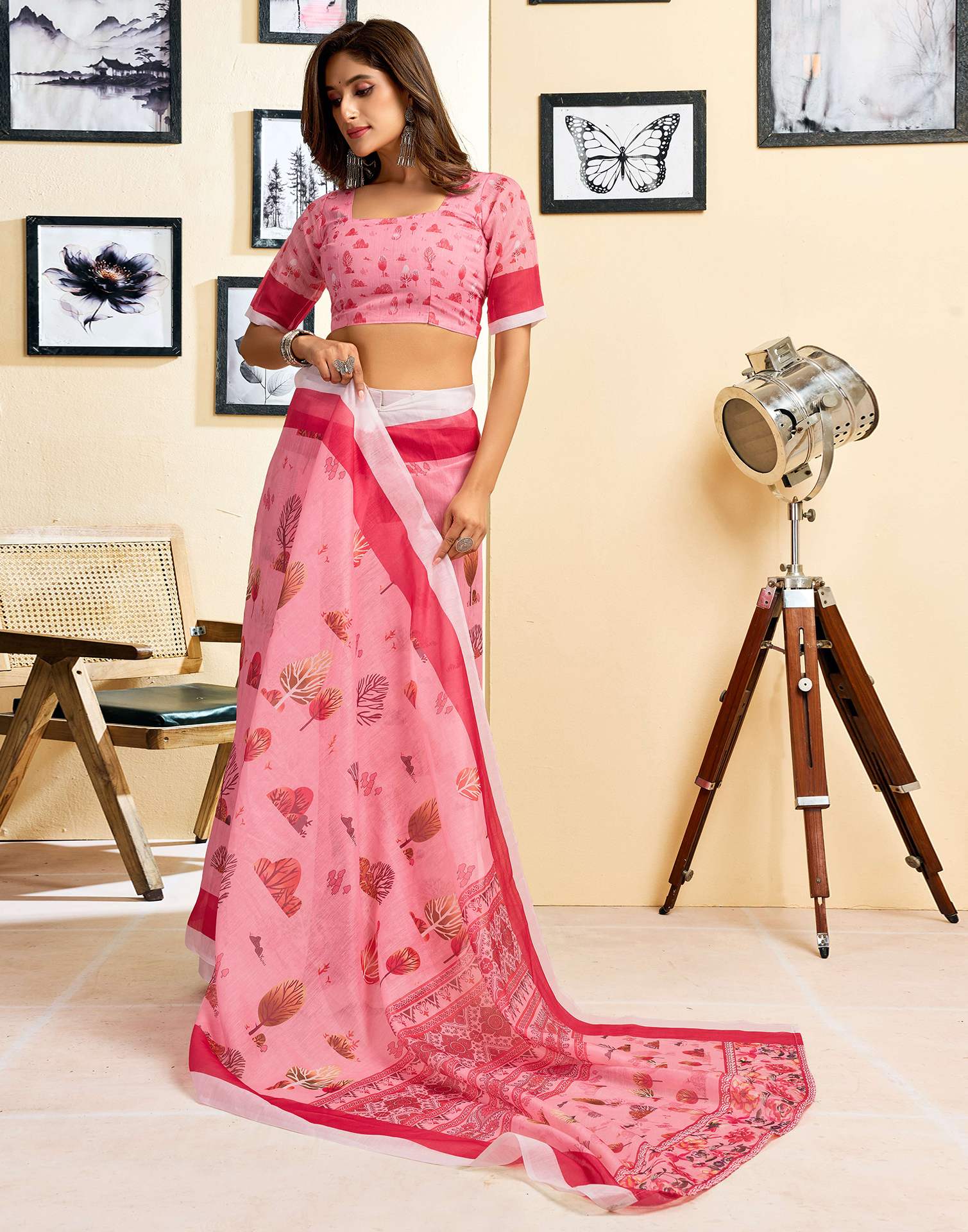 Ready To Wear Light Pink Chanderi Cotton Printed Saree