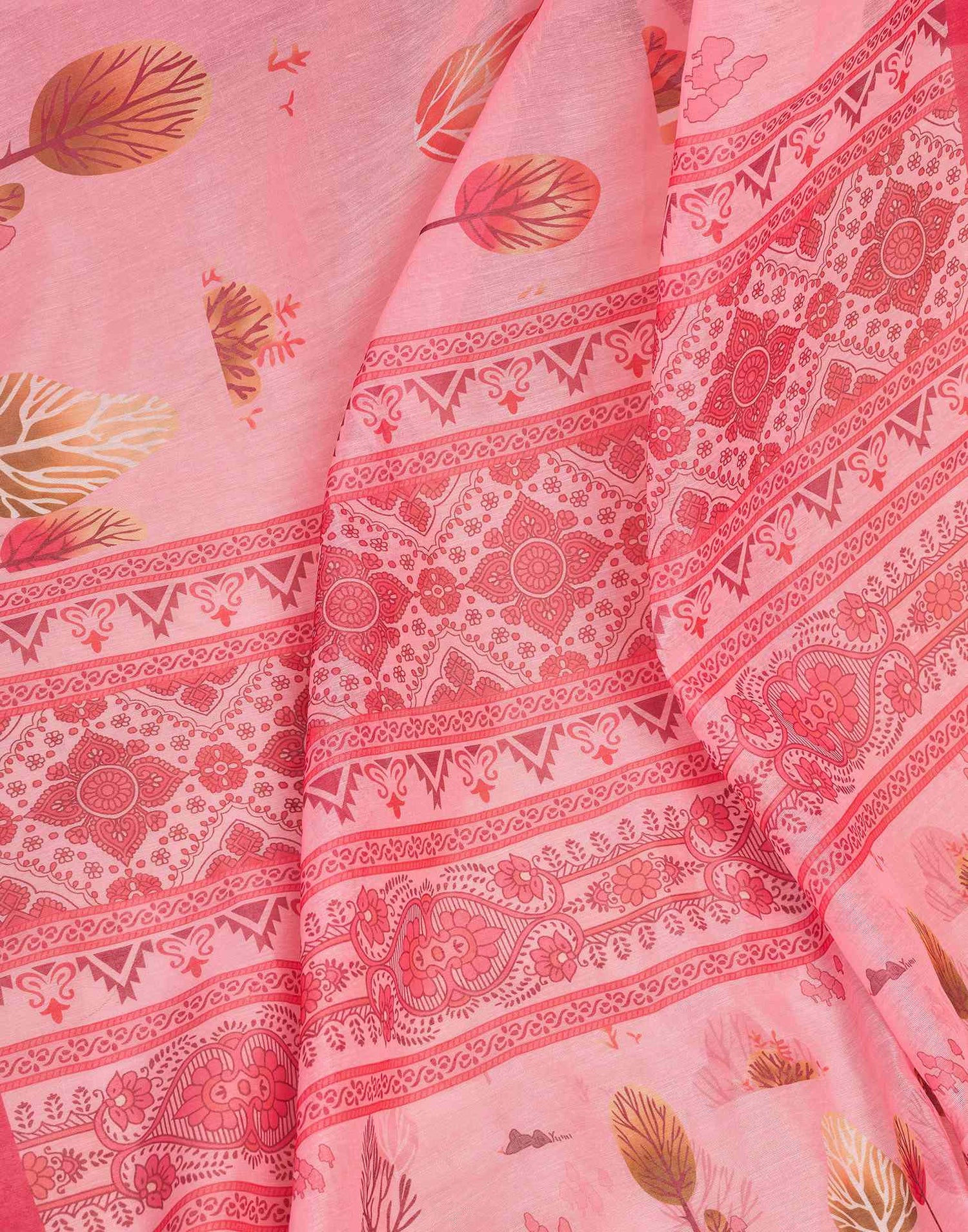 Ready To Wear Light Pink Chanderi Cotton Printed Saree
