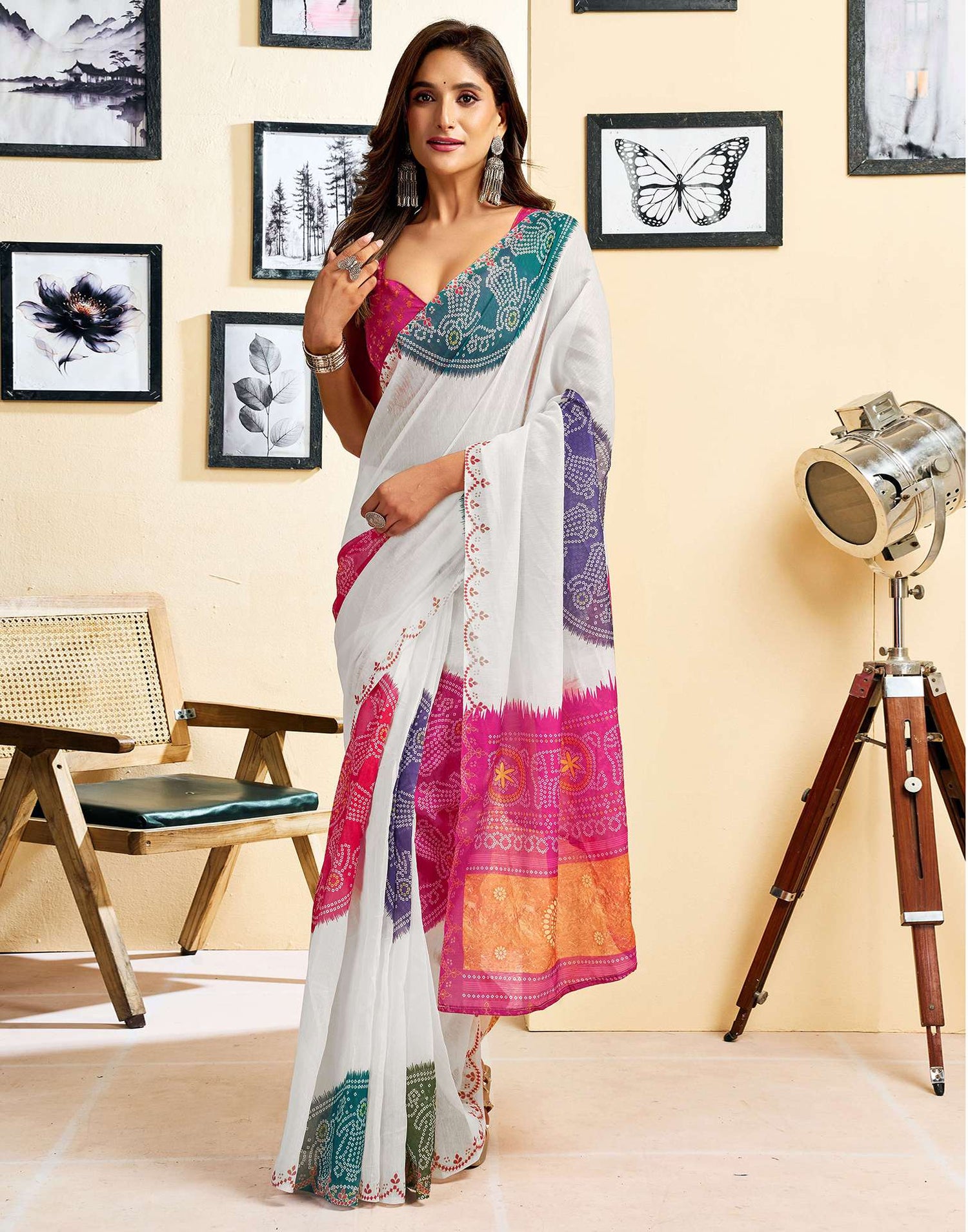 Ready To Wear White Chanderi Cotton Printed Saree