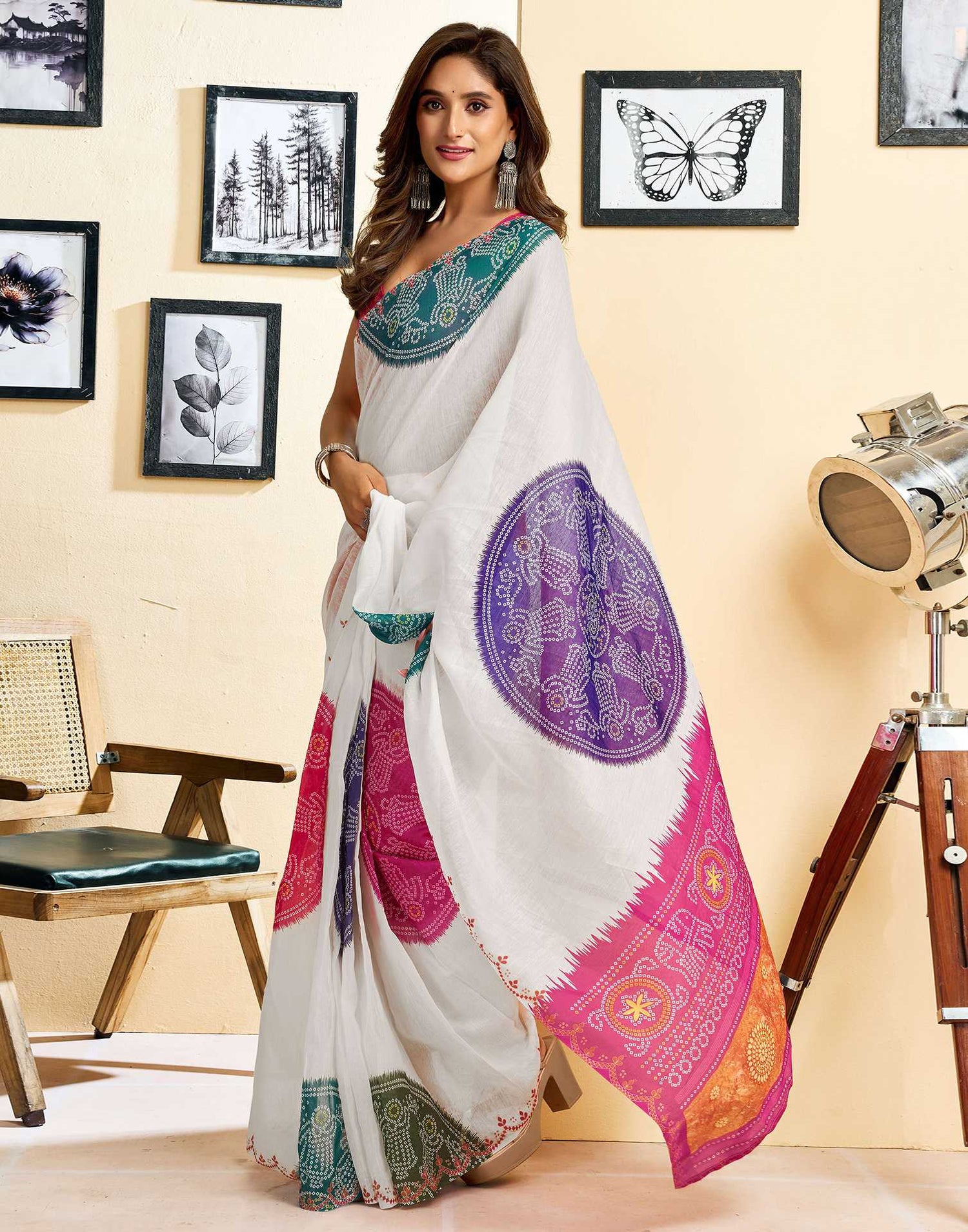 Ready To Wear White Chanderi Cotton Printed Saree