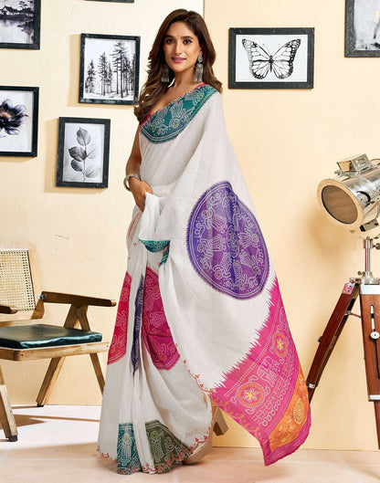 Ready To Wear White Chanderi Cotton Printed Saree