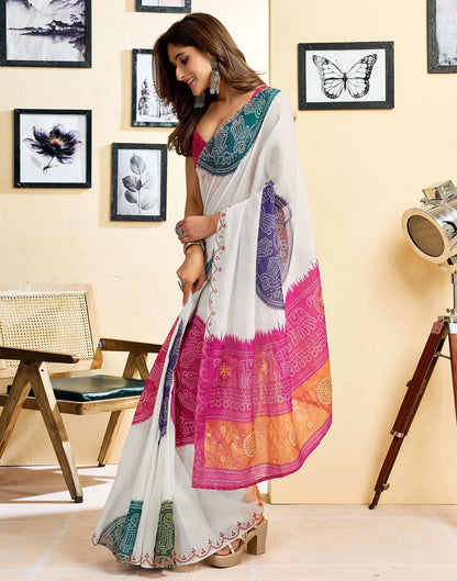 Ready To Wear White Chanderi Cotton Printed Saree