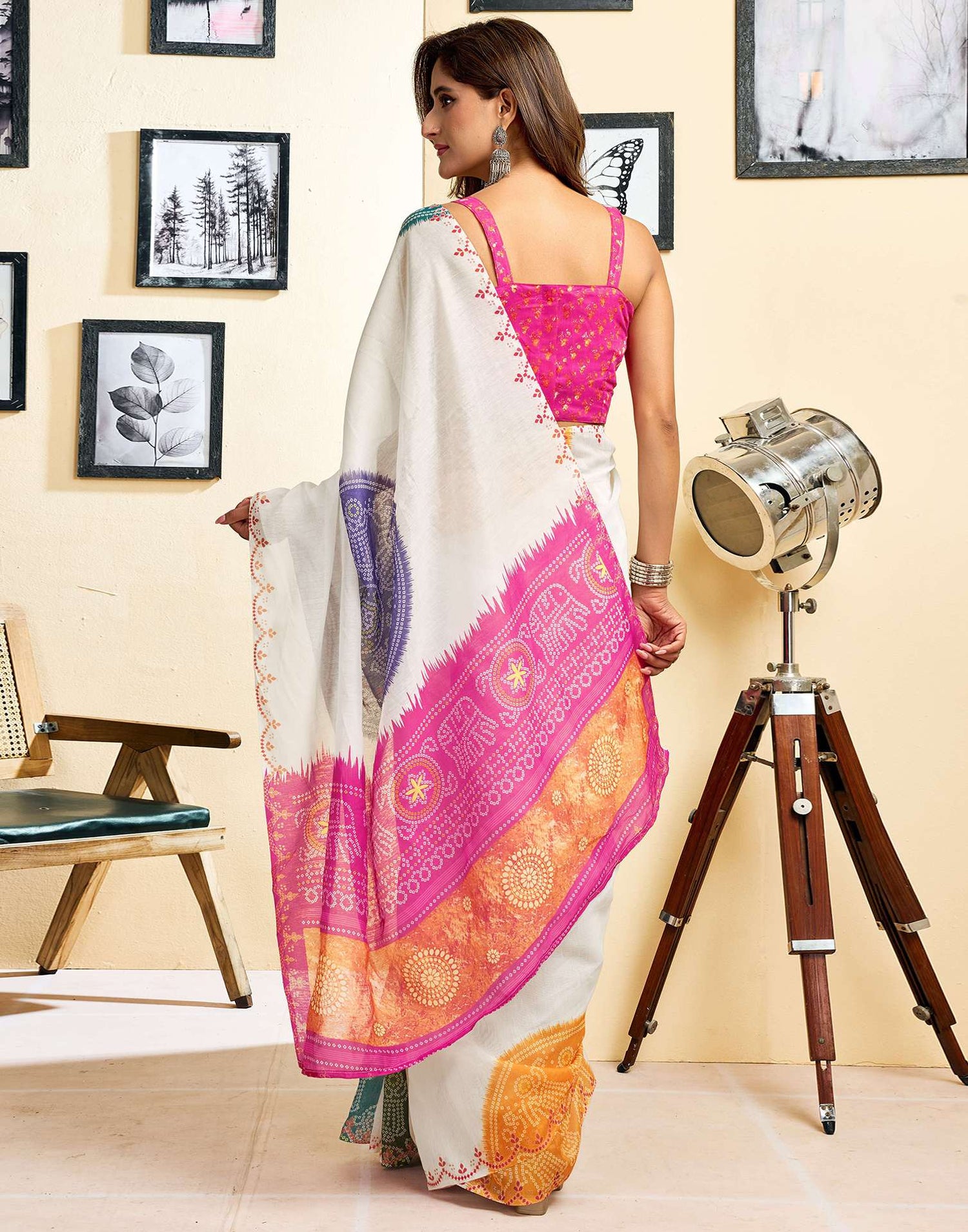 Ready To Wear White Chanderi Cotton Printed Saree