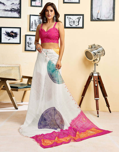 Ready To Wear White Chanderi Cotton Printed Saree