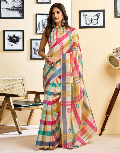 Ready To Wear Beige Chanderi Cotton Printed Saree