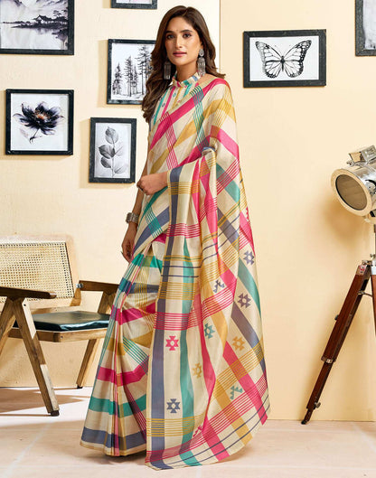 Ready To Wear Beige Chanderi Cotton Printed Saree