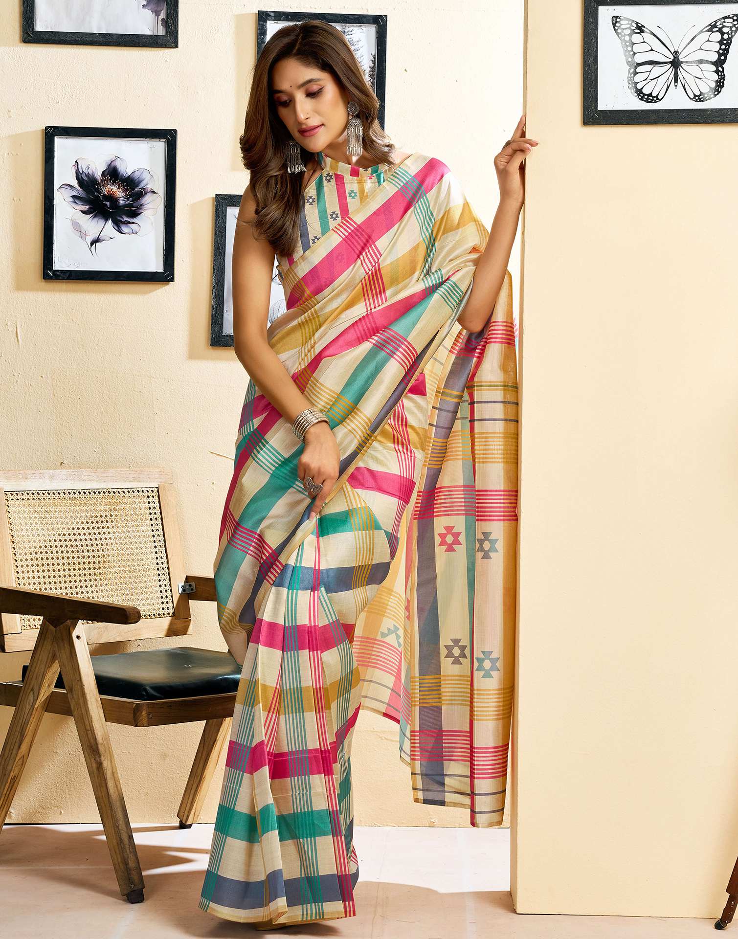 Ready To Wear Beige Chanderi Cotton Printed Saree
