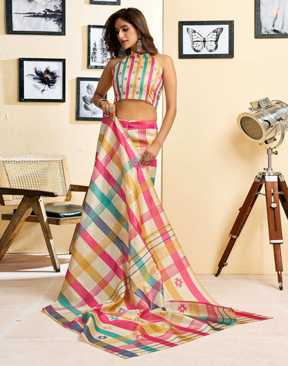 Ready To Wear Beige Chanderi Cotton Printed Saree