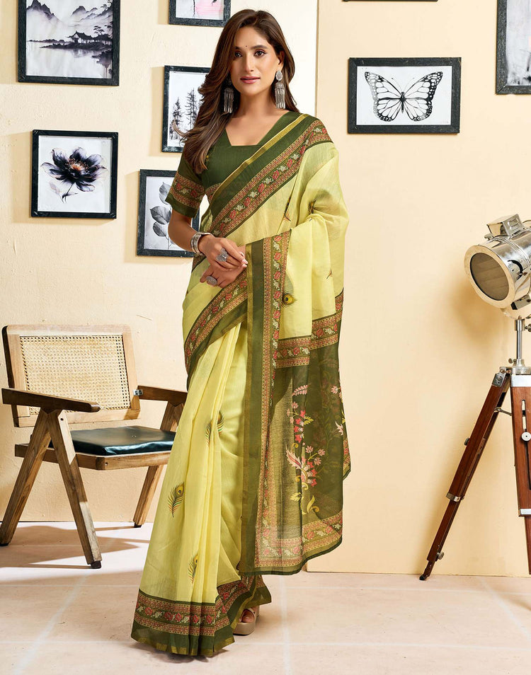 Ready To Wear Lemon Green Chanderi Cotton Printed Saree