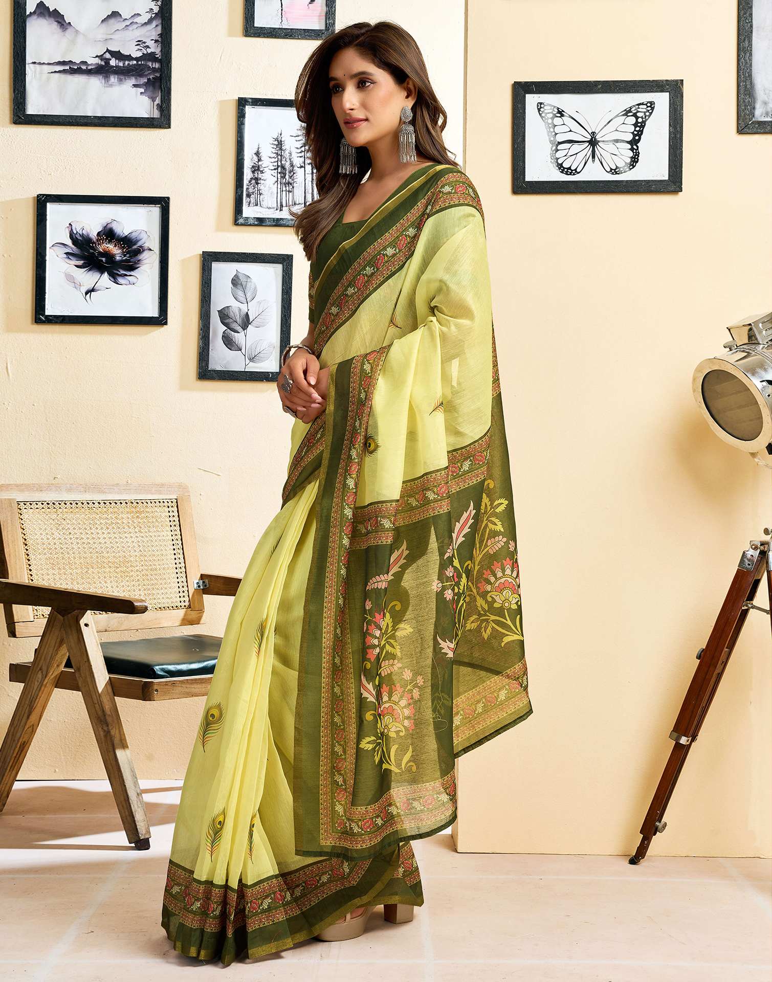 Ready To Wear Lemon Yellow Chanderi Cotton Printed Saree