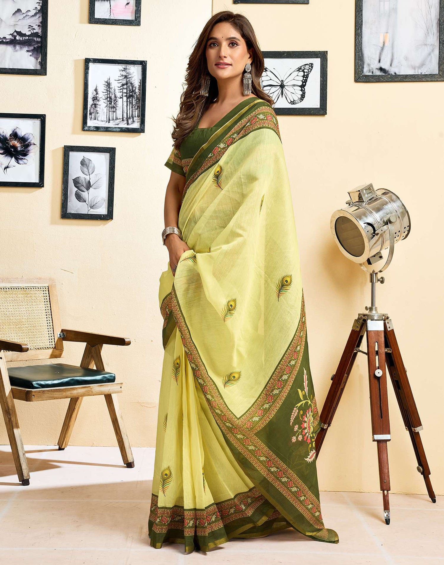 Ready To Wear Lemon Yellow Chanderi Cotton Printed Saree