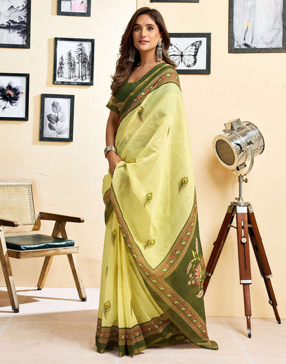 Ready To Wear Lemon Yellow Chanderi Cotton Printed Saree
