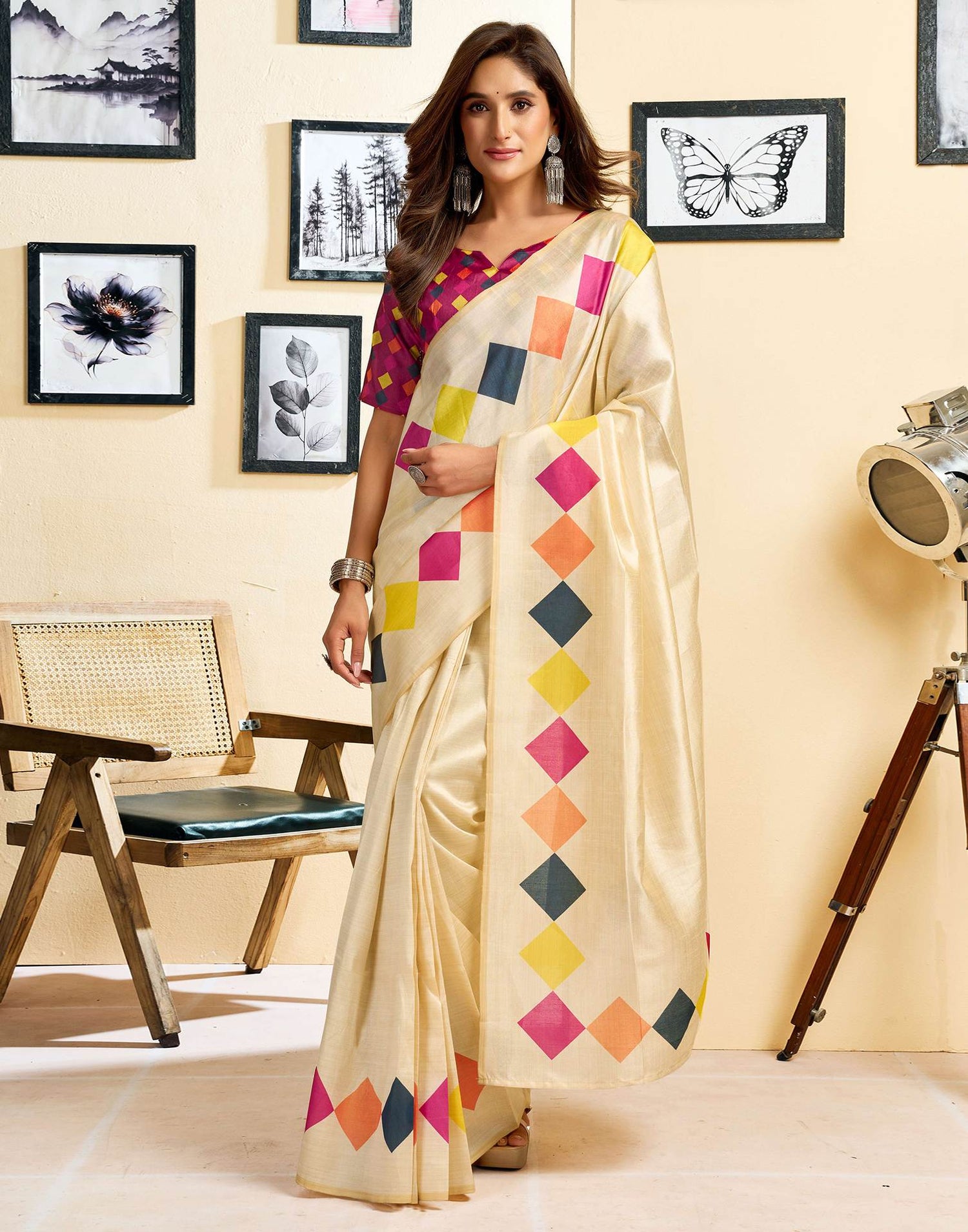 Ready To Wear Beige Chanderi Cotton Printed Saree