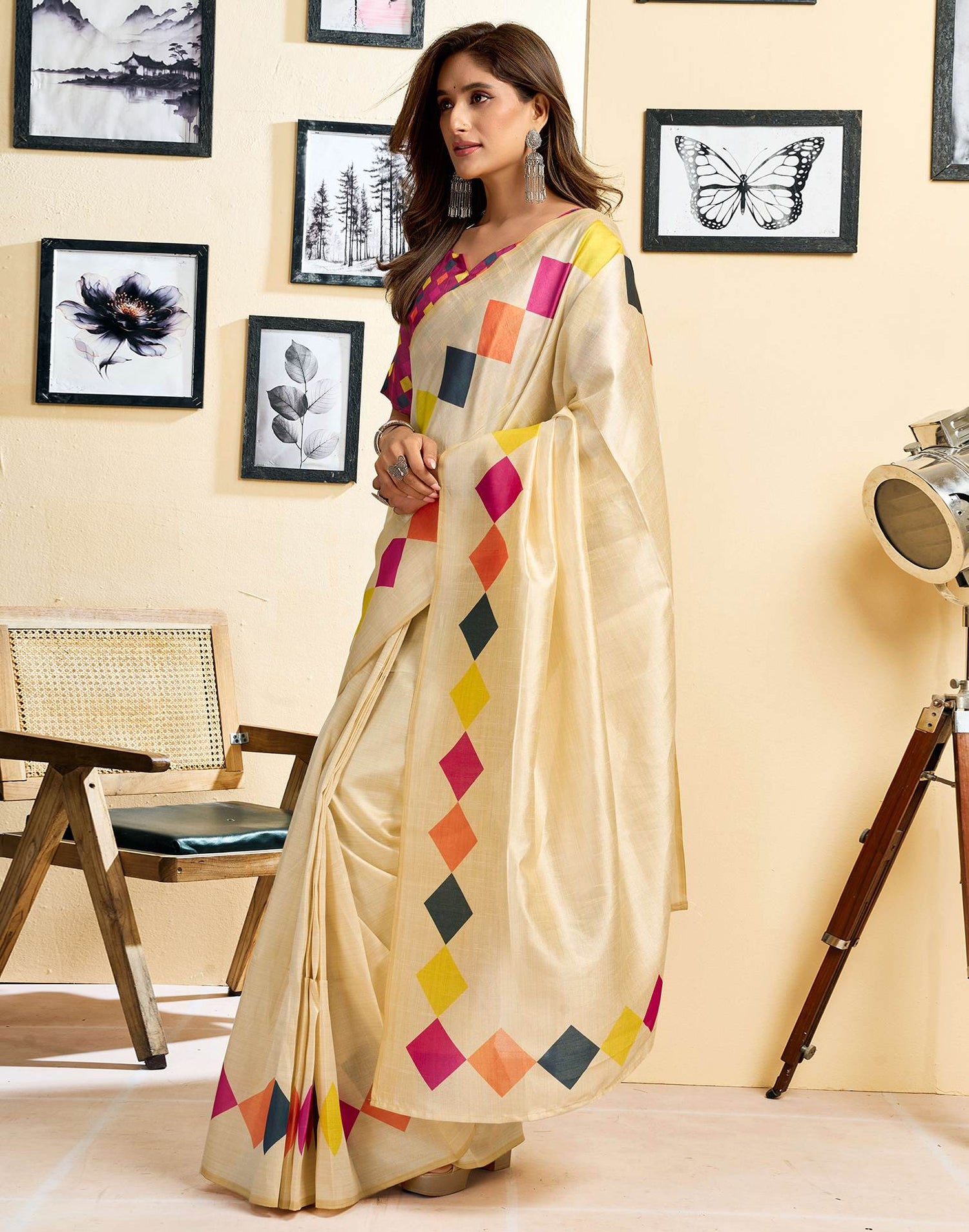 Ready To Wear Beige Chanderi Cotton Printed Saree