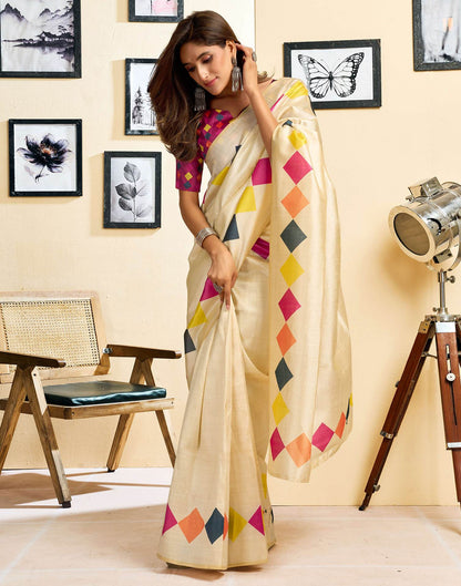 Ready To Wear Beige Chanderi Cotton Printed Saree