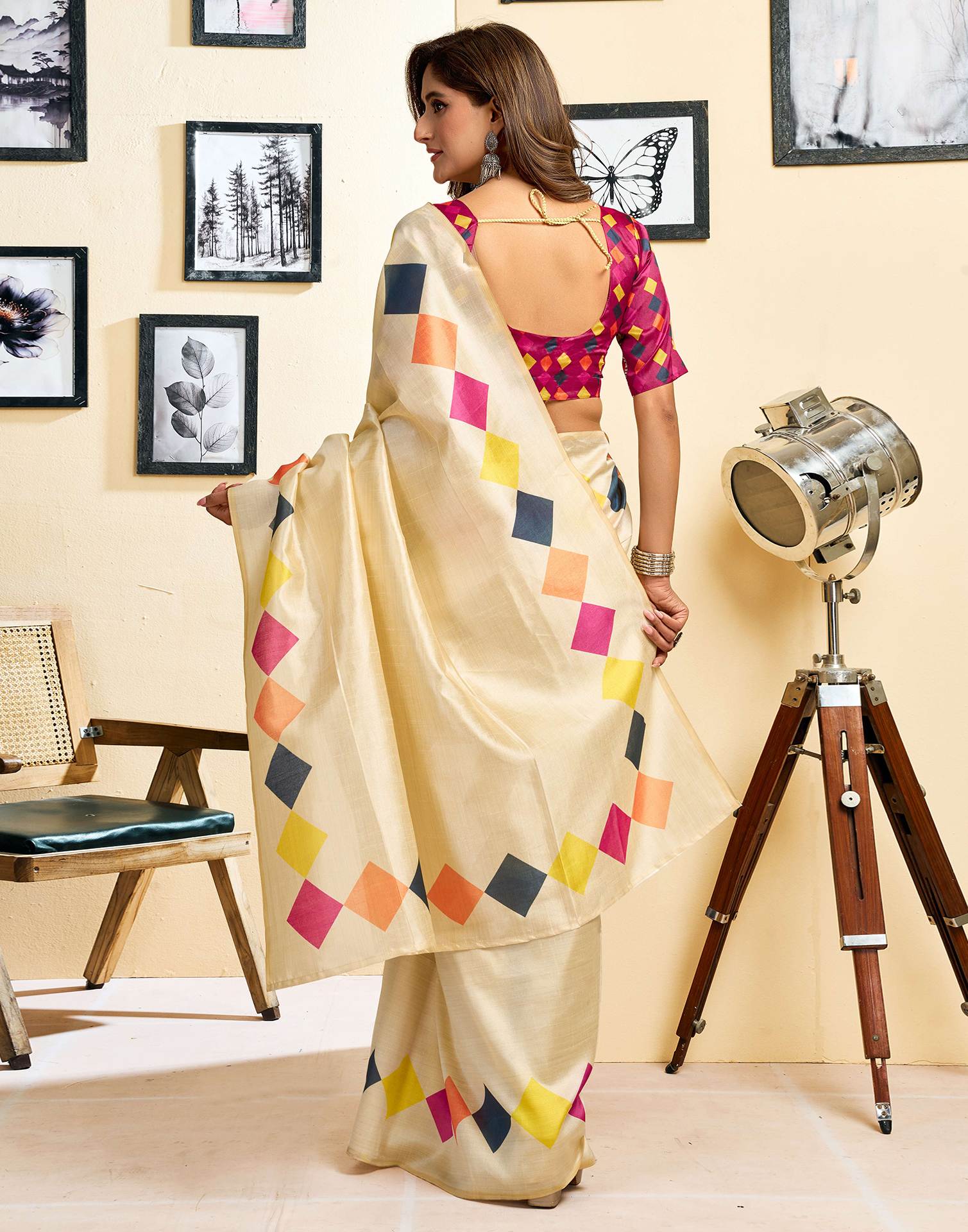 Ready To Wear Beige Chanderi Cotton Printed Saree