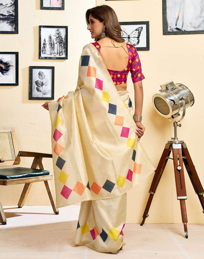 Ready To Wear Beige Chanderi Cotton Printed Saree
