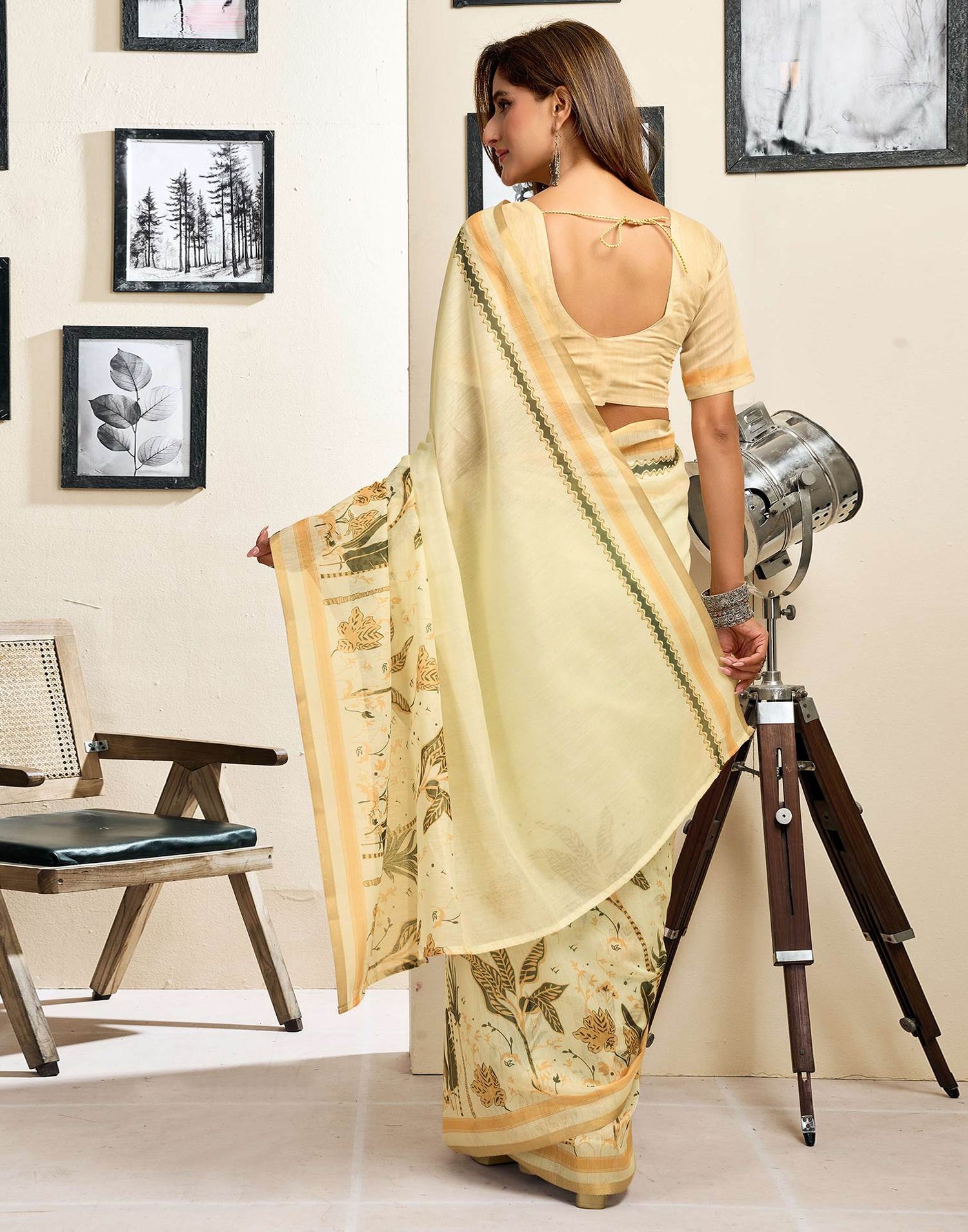 Ready To Wear Cream Chanderi Cotton Printed Saree