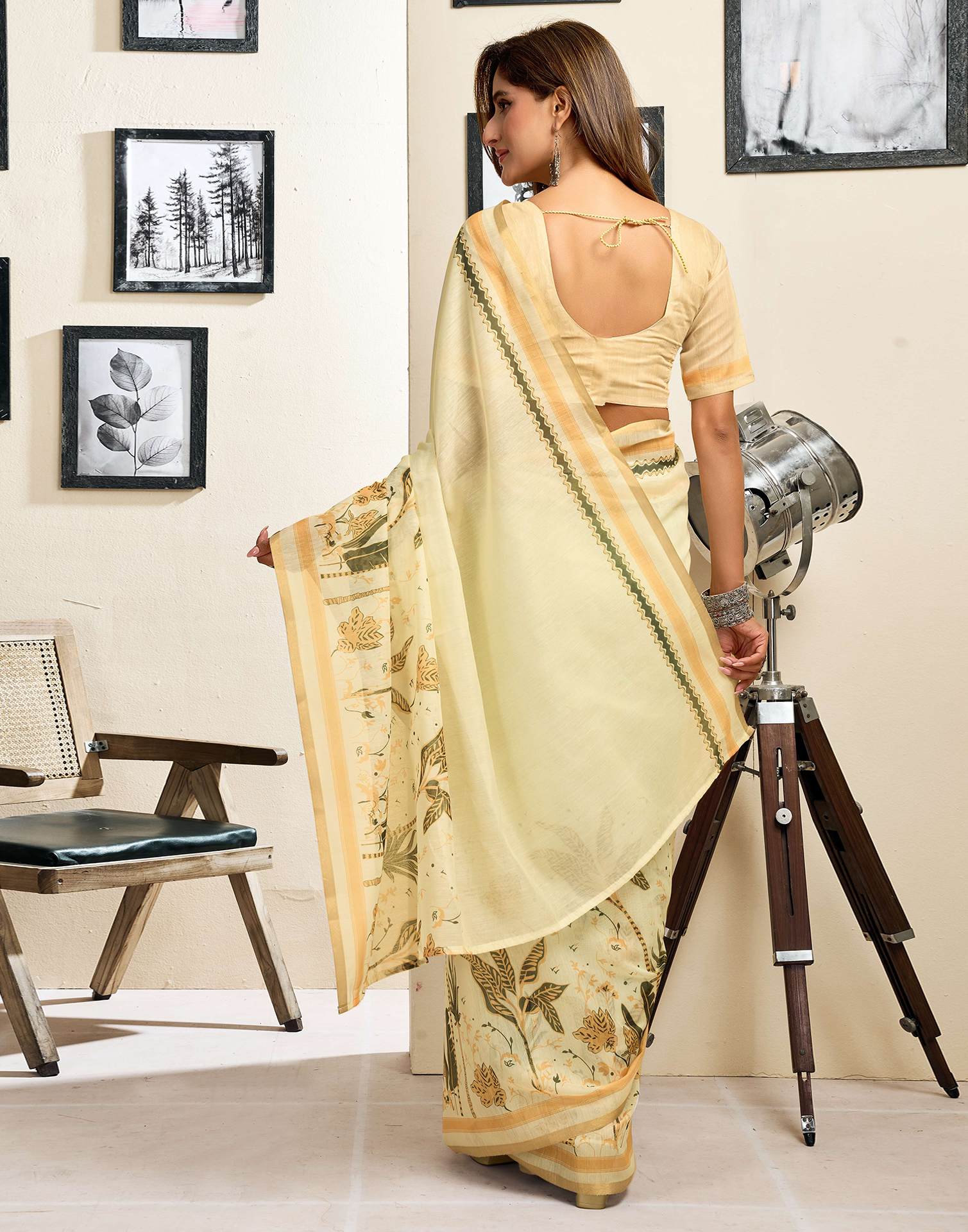 Ready To Wear Cream Chanderi Cotton Printed Saree