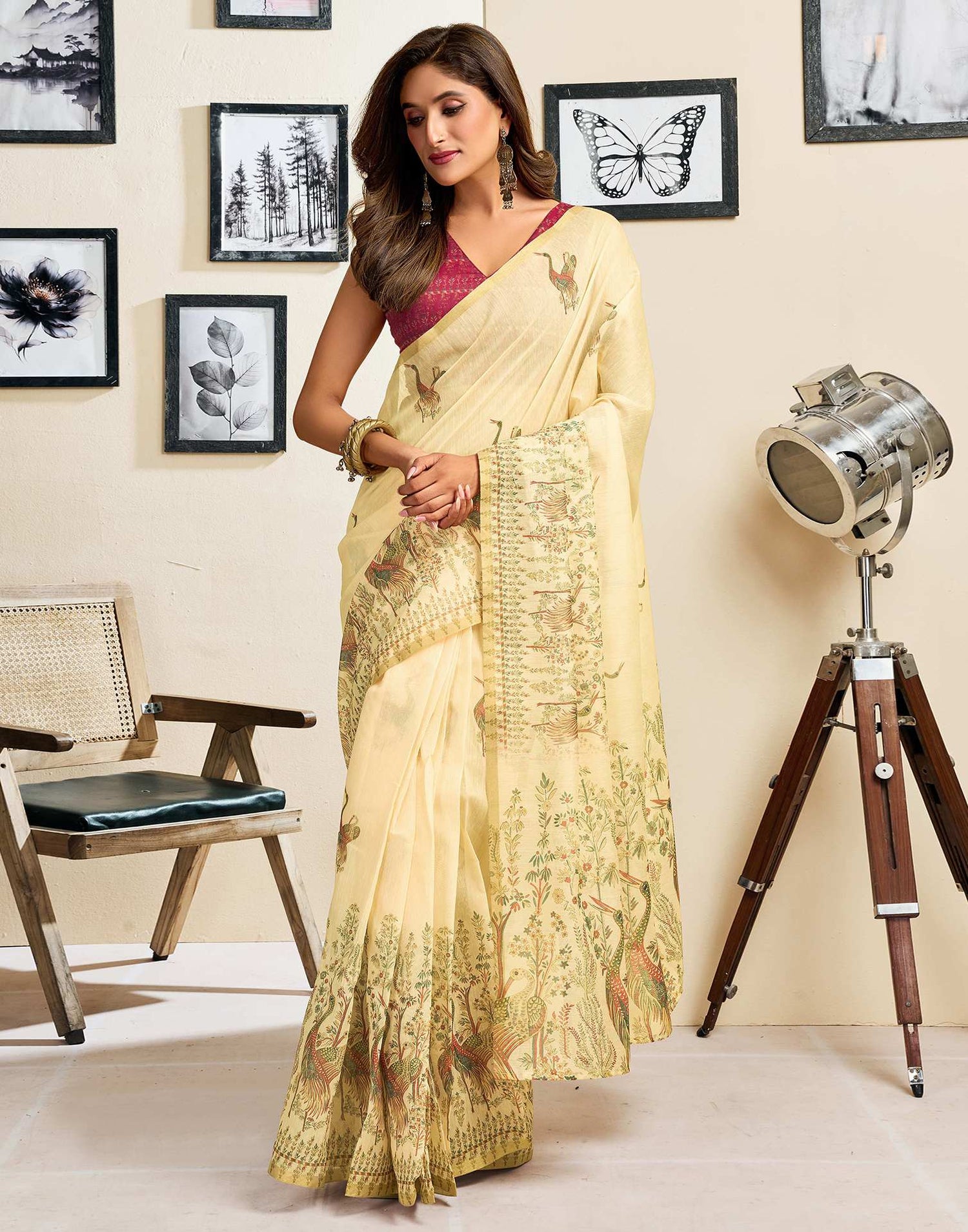 Ready To Wear Light Beige Chanderi Cotton Printed Saree