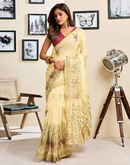 Ready To Wear Light Beige Chanderi Cotton Printed Saree