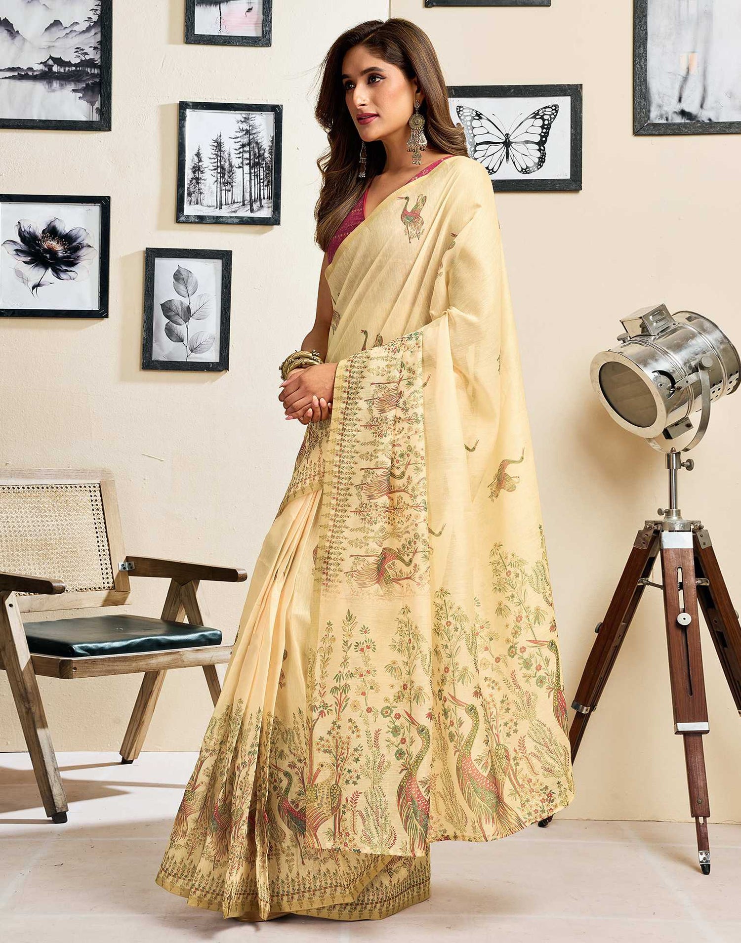 Ready To Wear Light Beige Chanderi Cotton Printed Saree