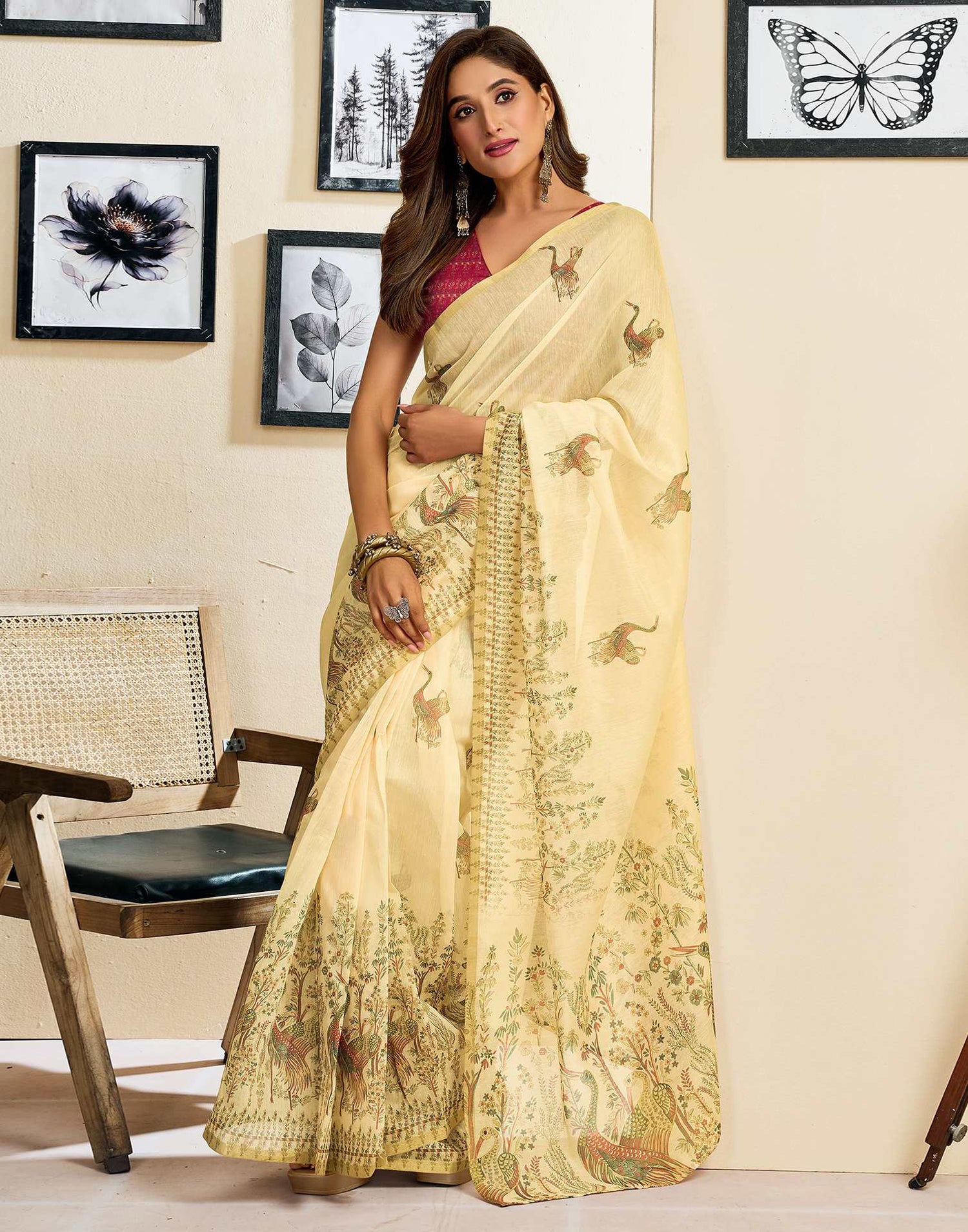 Ready To Wear Light Beige Chanderi Cotton Printed Saree