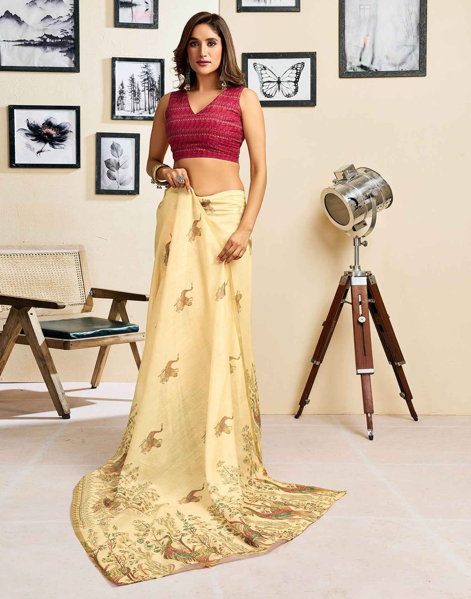 Ready To Wear Light Beige Chanderi Cotton Printed Saree