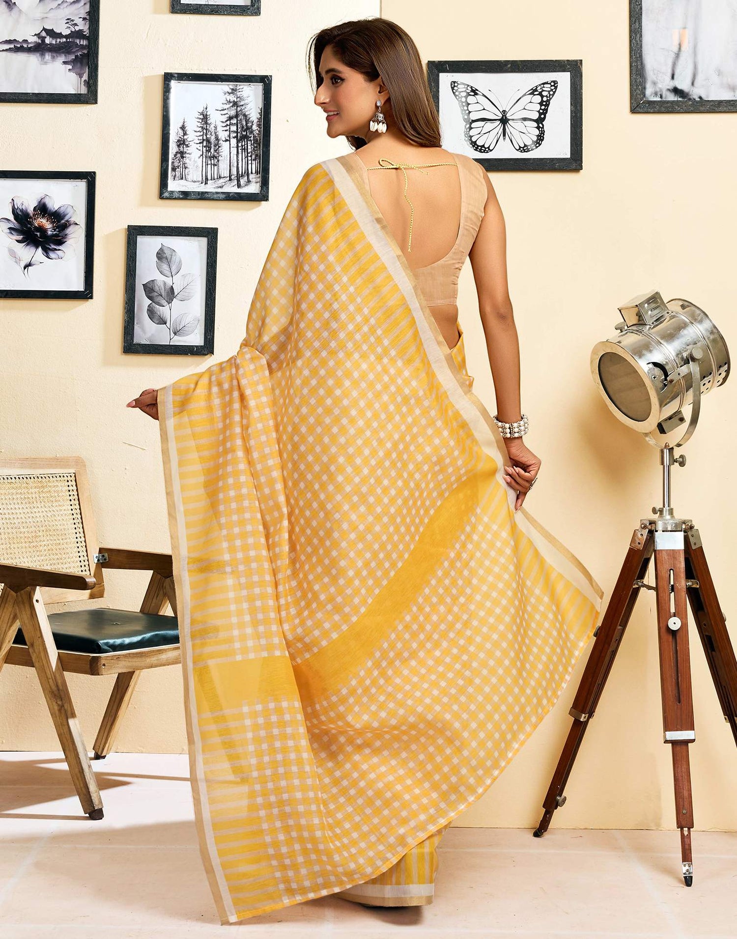 Ready To Wear Yellow Chanderi Cotton Printed Saree