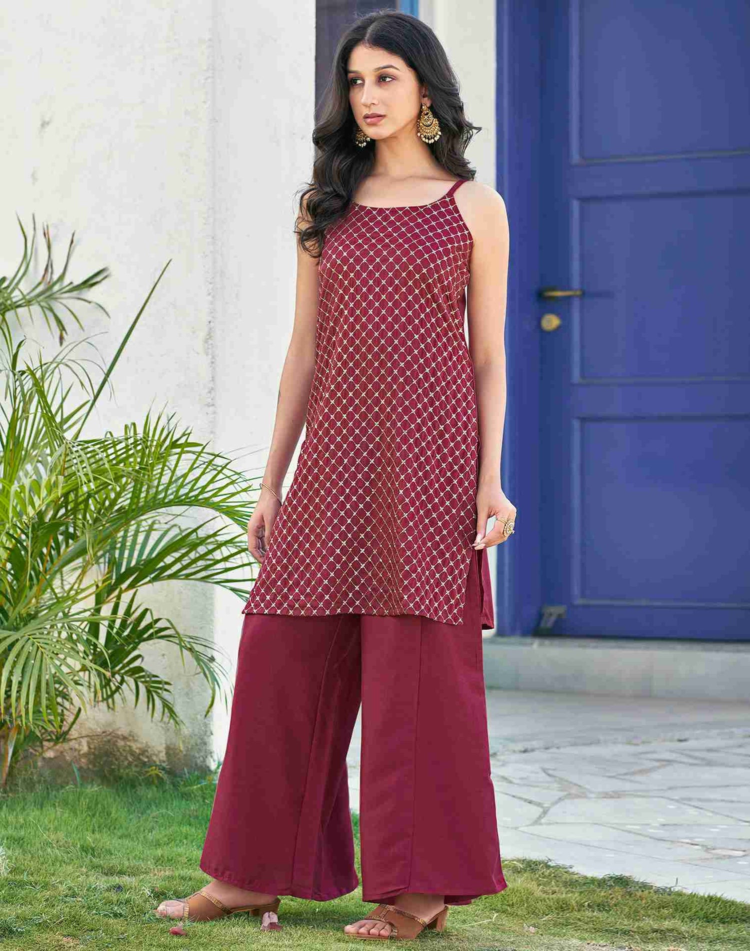 Maroon Embroidery Chinnon Straight Kurta With Pant And Dupatta