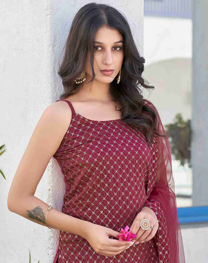 Maroon Embroidery Chinnon Straight Kurta With Pant And Dupatta