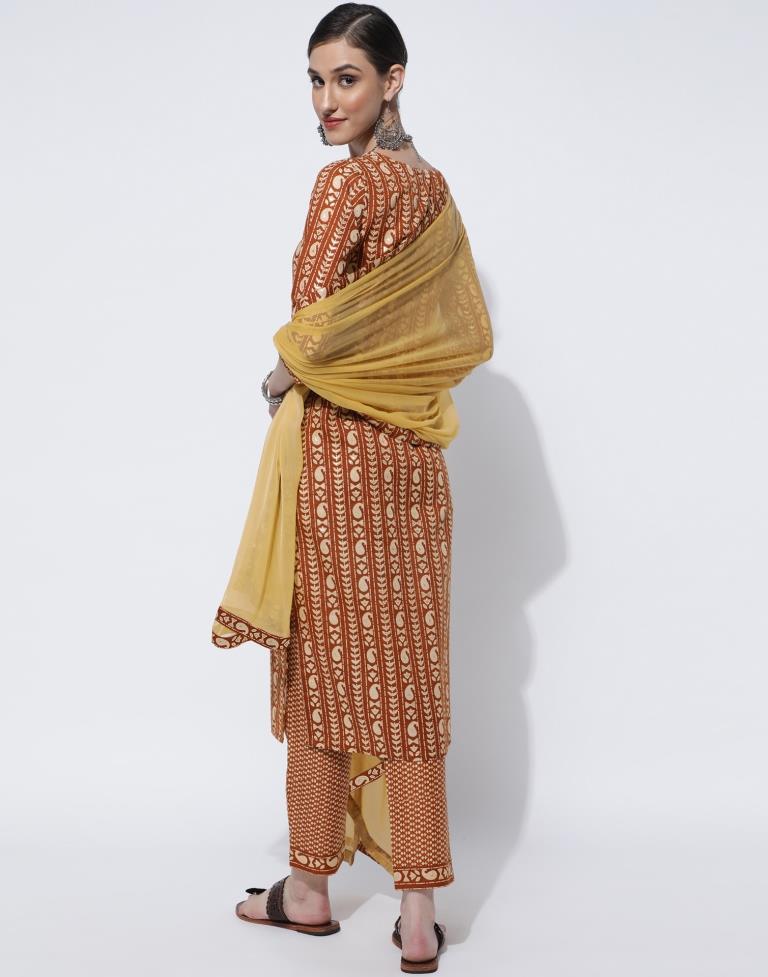 Brown Printed,Led Kurta With Pant And Dupatta