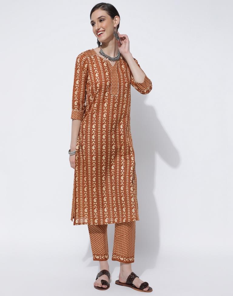 Brown Printed,Led Kurta With Pant And Dupatta